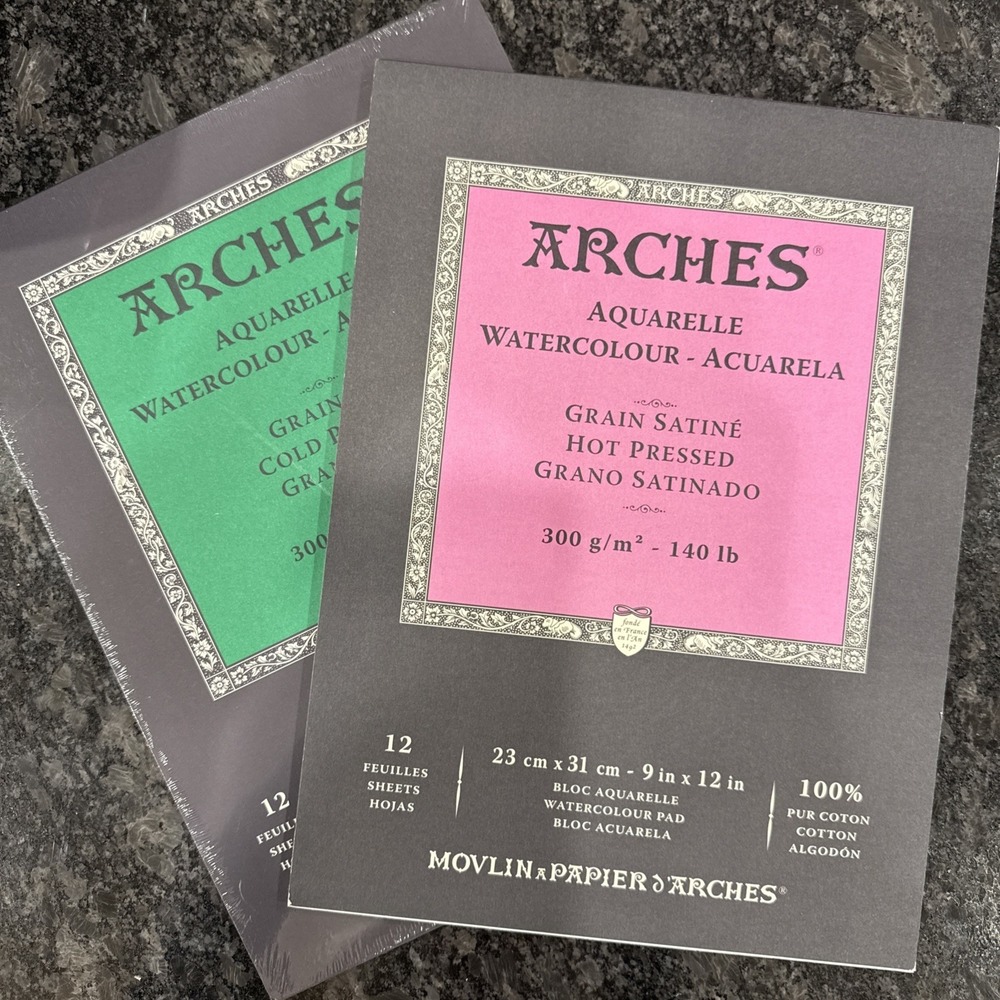 Two Arches Paper Packs Hot Press Fine Grain & Cold Satin Grain  9x12 See Listing